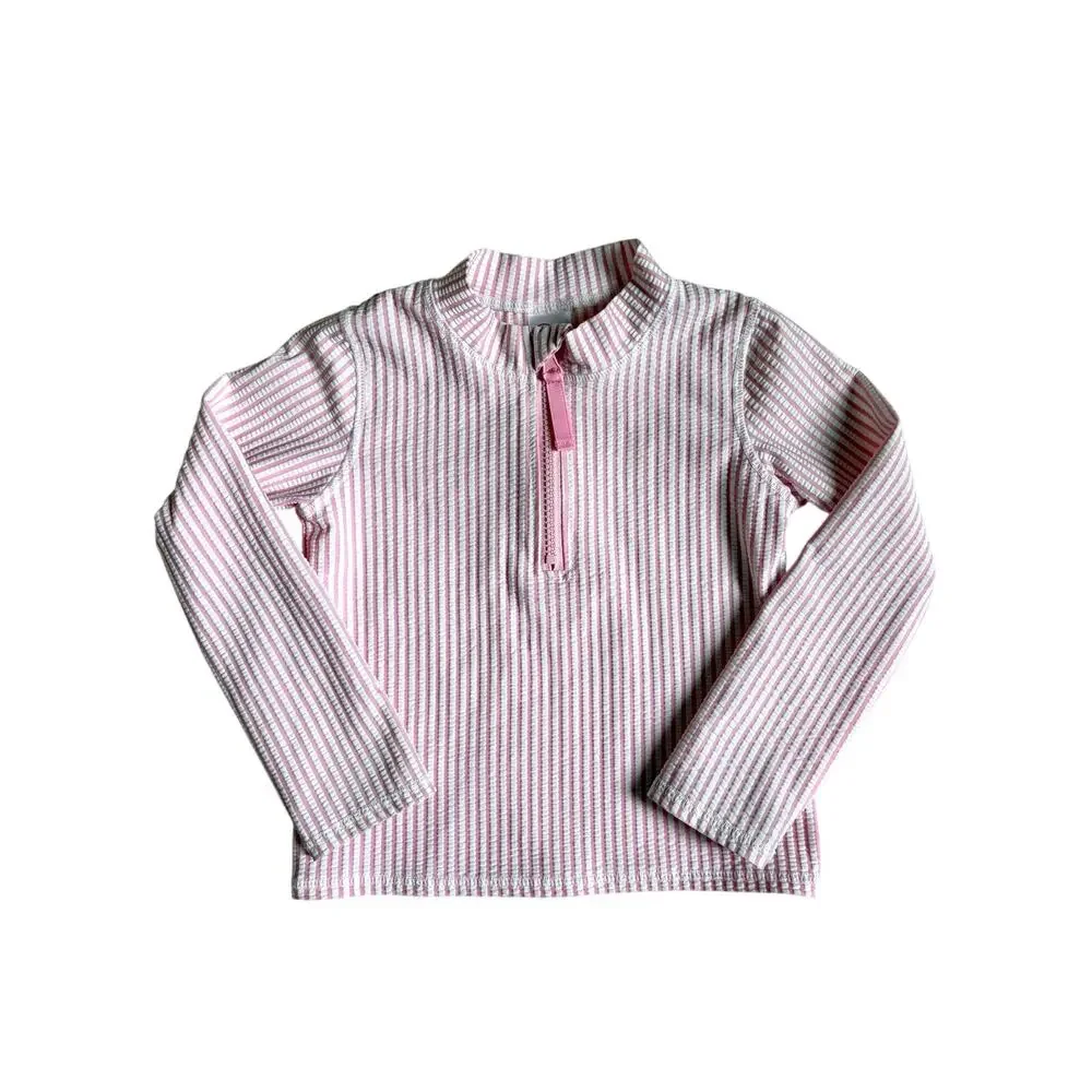 RuffleButts Seersucker Long Sleeve Rash Guard (Pink & White Striped) - 4T
